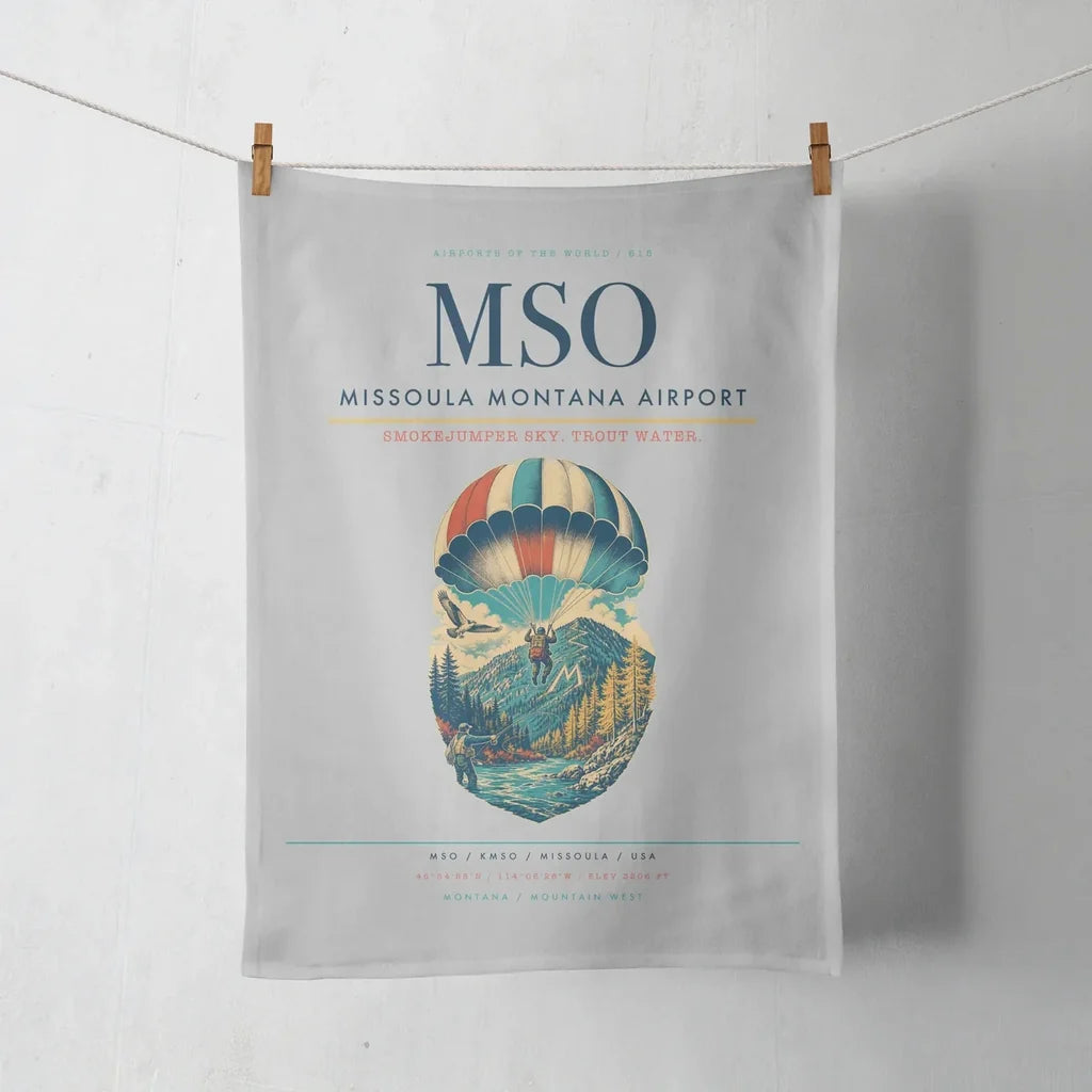 Missoula Montana Airport (MSO) design on light gray towel