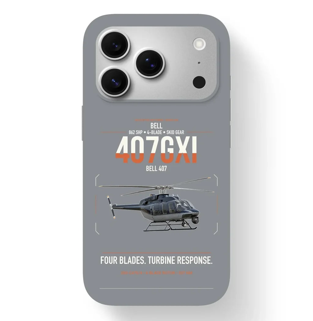Bell 407GXi design on gray magsafe iphone case, for iPhone 17 Pro