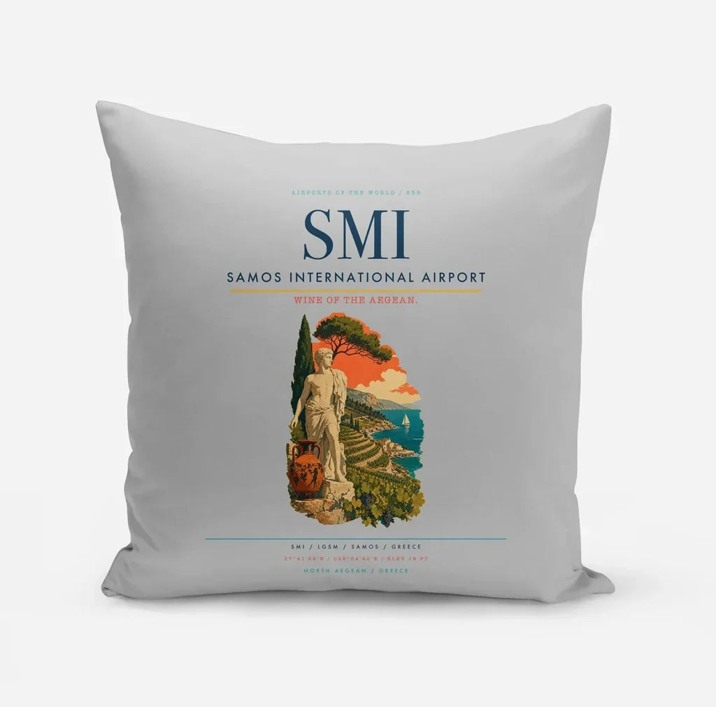 Samos International Airport (SMI) design on light gray pillow