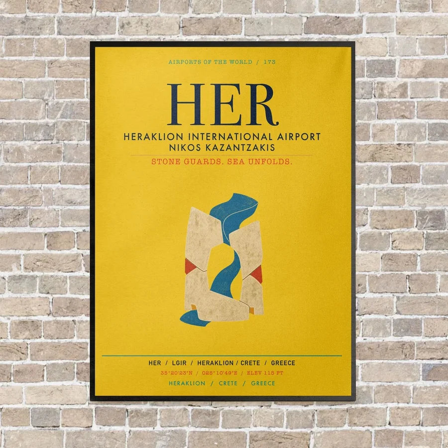 Heraklion International Airport Nikos Kazantzakis HER vertical canvas print - framed - yellow background