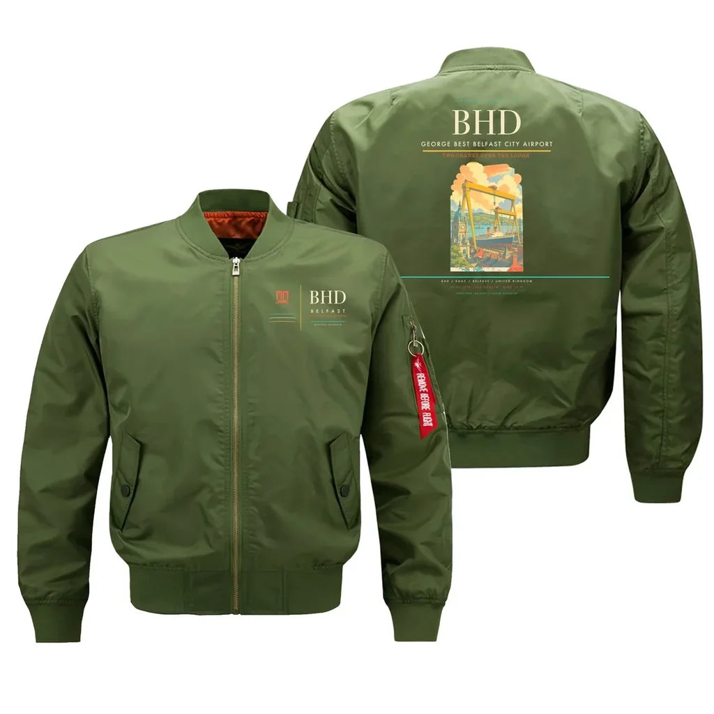 George Best Belfast City Airport (BHD) design on green bomber jacket