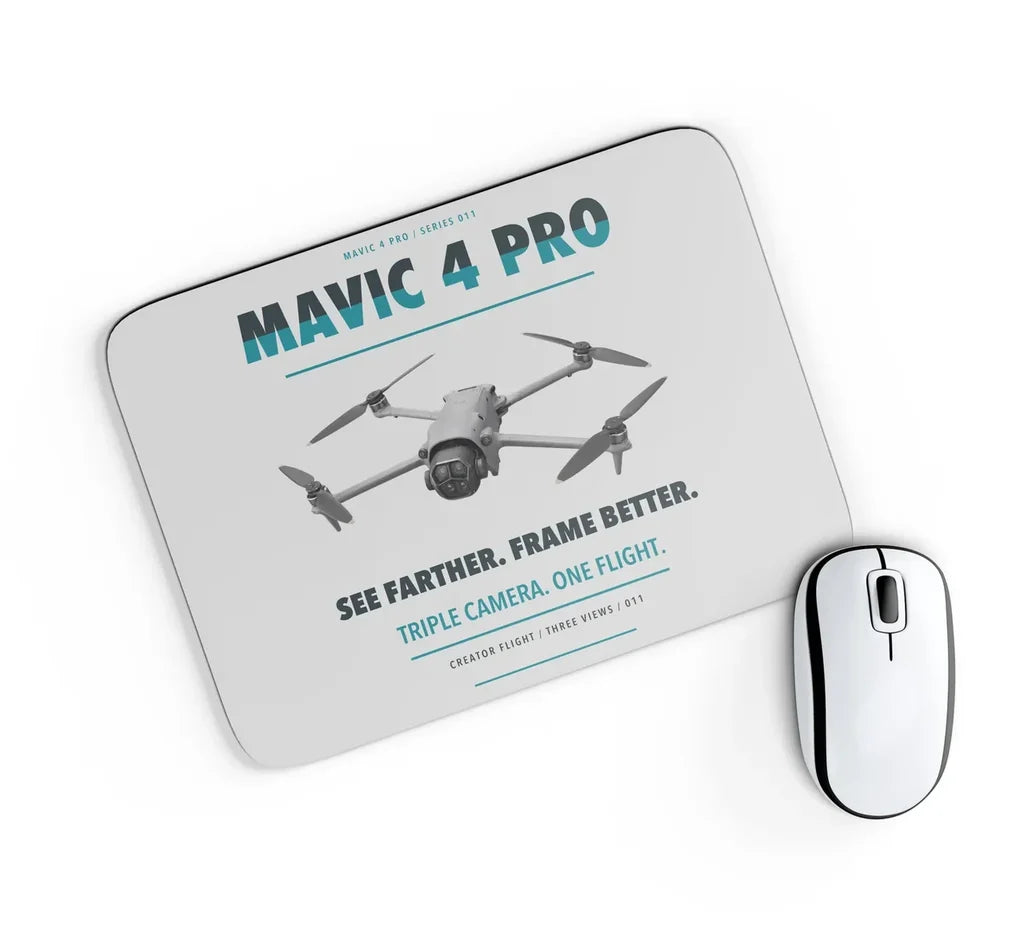 DJI Mavic 4 Pro design on light gray rectangle mouse pad