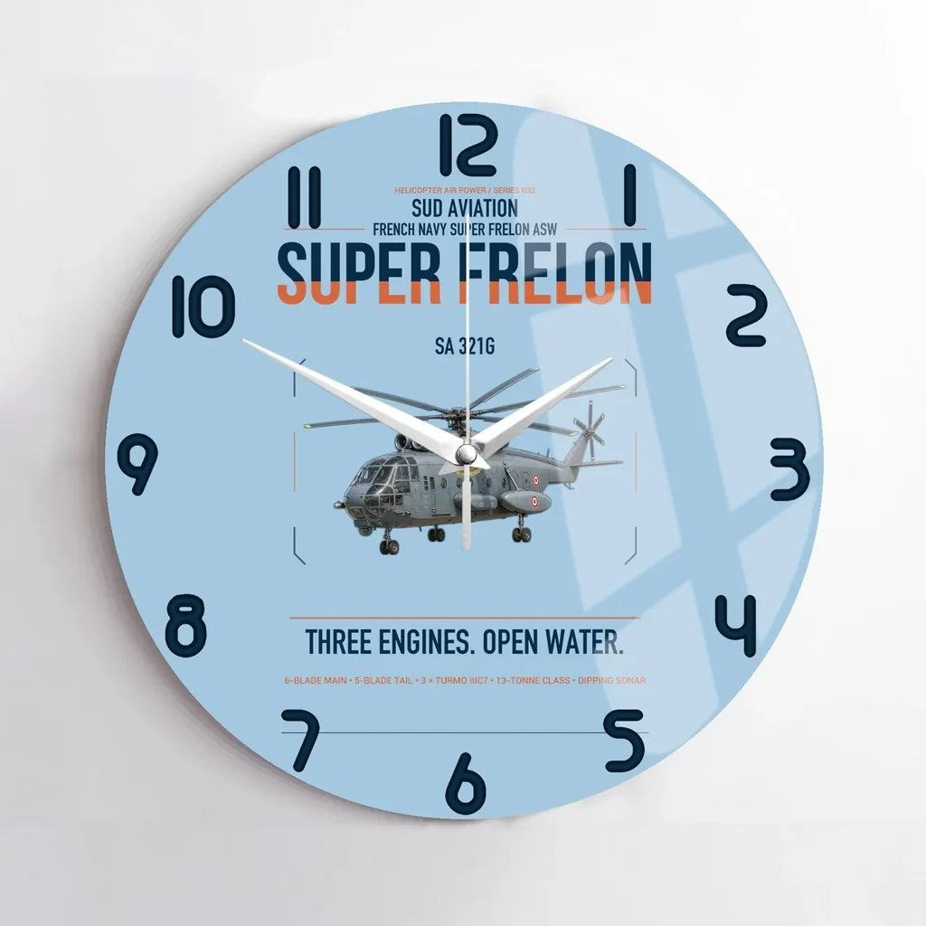 Sud Aviation SA 321G Super Frelon design on light blue no frame wall clock