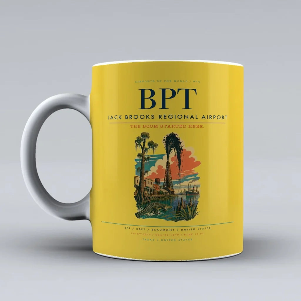 Jack Brooks Regional Airport (BPT) airport code design on yellow ceramic mug