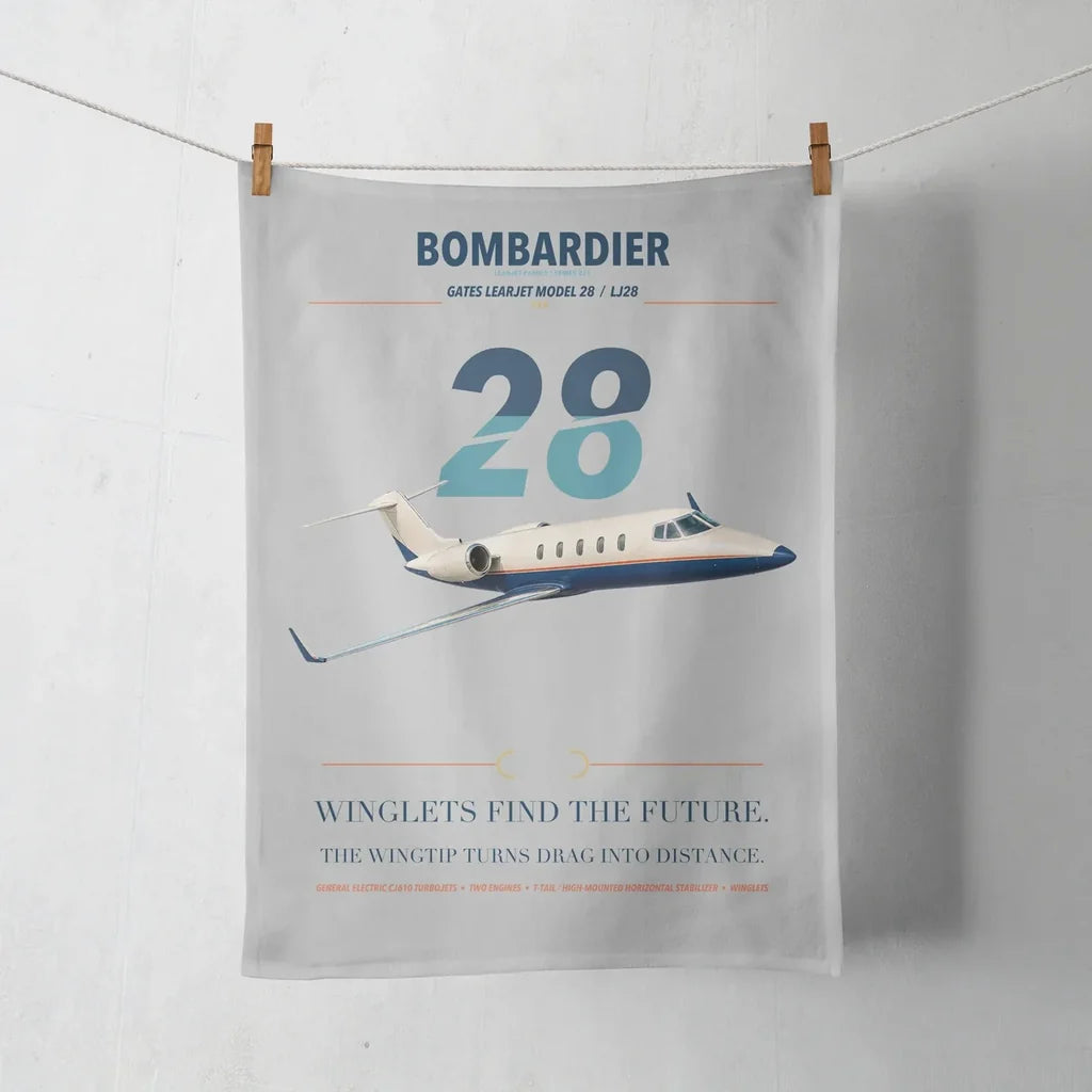 Bombardier Learjet 28 design on light gray towel