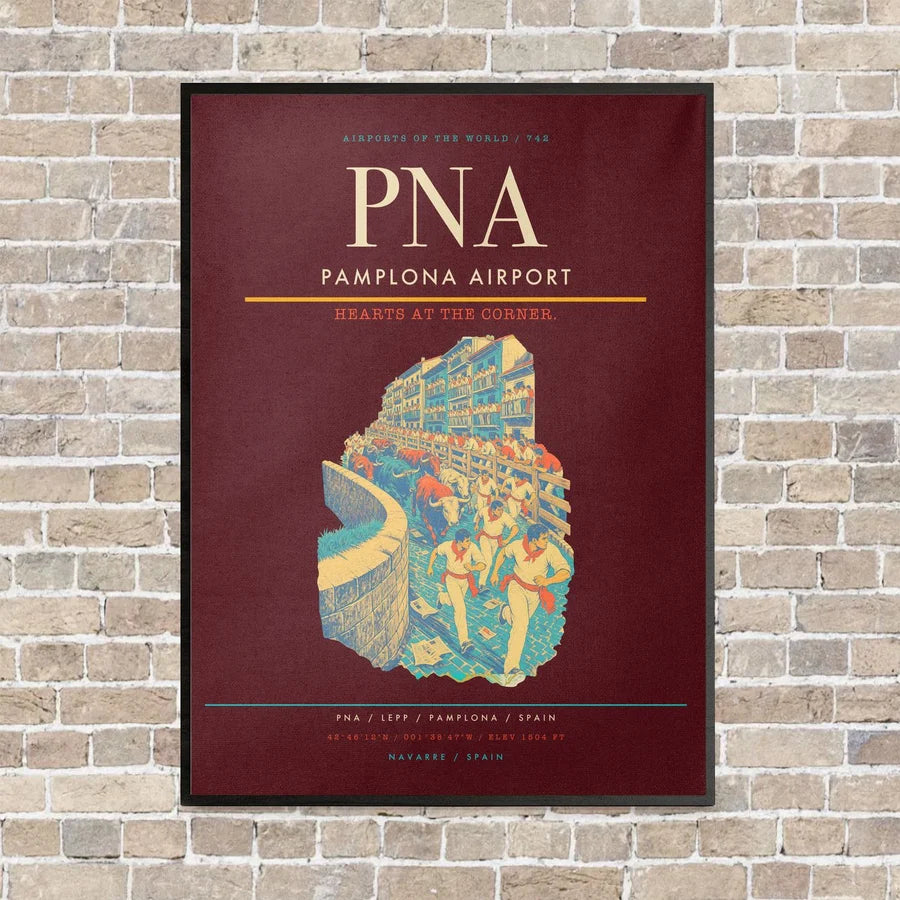 Pamplona Airport PNA vertical canvas print - framed - dark red background