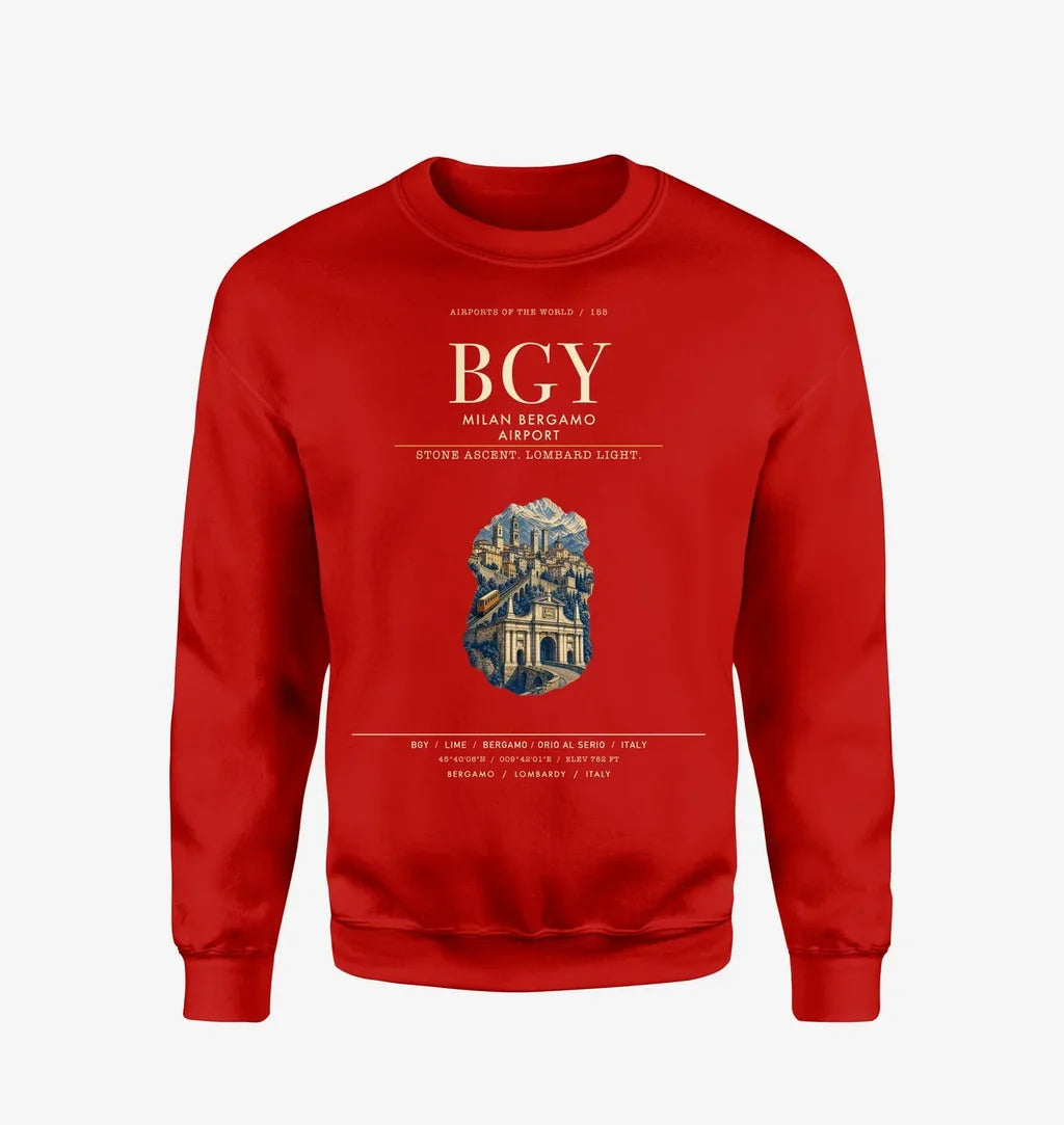 Milan Bergamo Airport (BGY) design on red sweatshirt