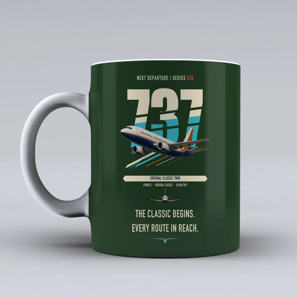 Boeing 737-300 Classic double-side print on dark green ceramic mug