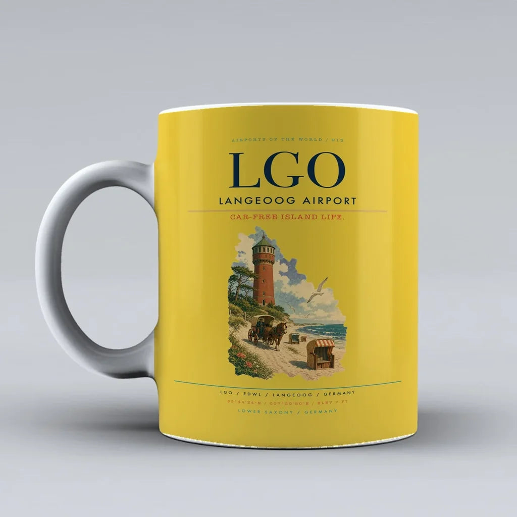 Langeoog Airport (LGO) airport code design on yellow ceramic mug