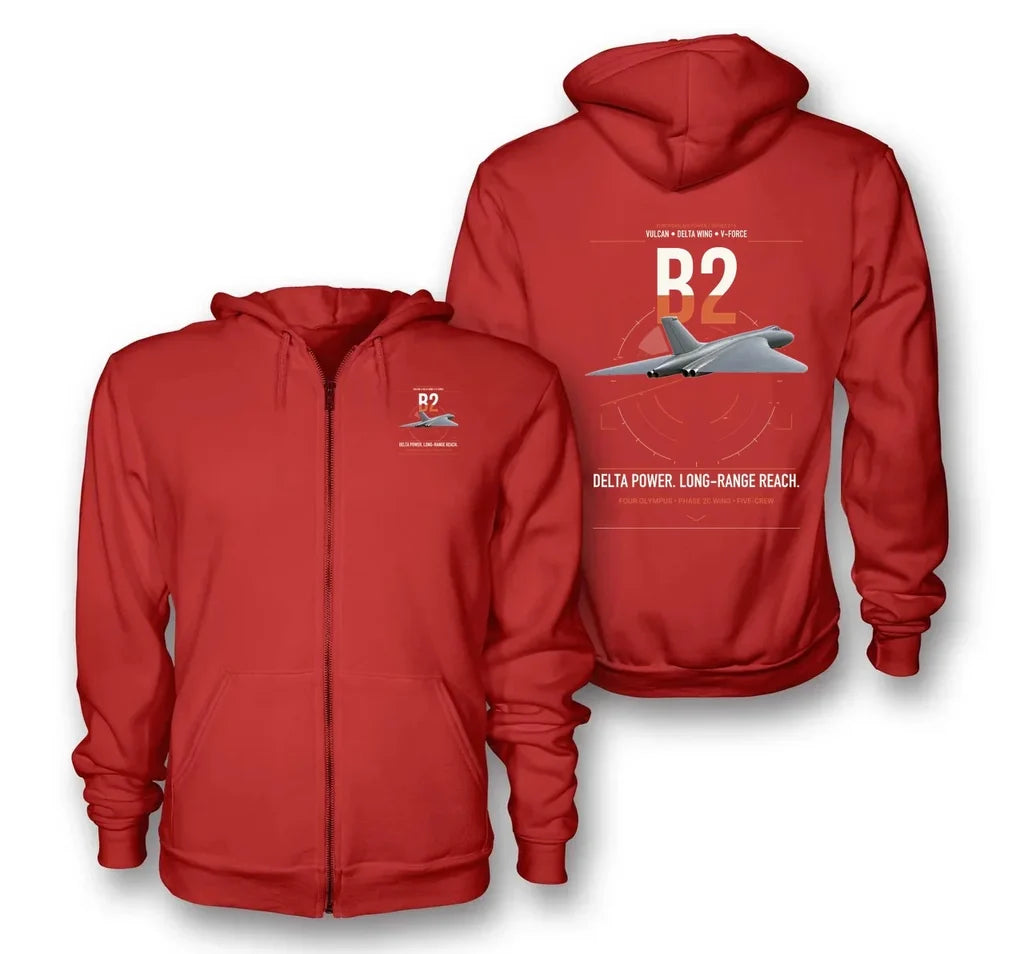 Avro Vulcan B2 design on red premium zipped hoodie, double-side print