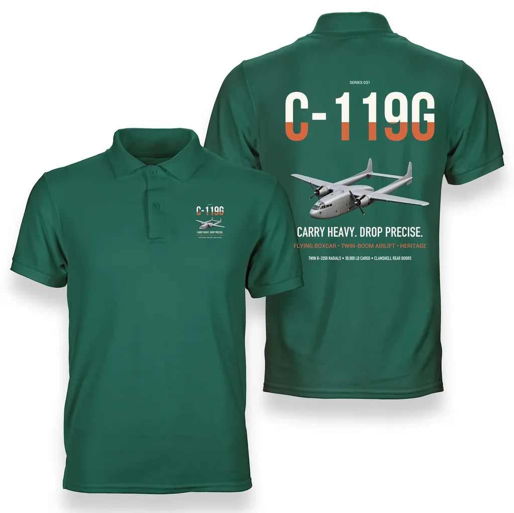 C-119G Flying Boxcar design on green double-side polo t-shirt, double-side print
