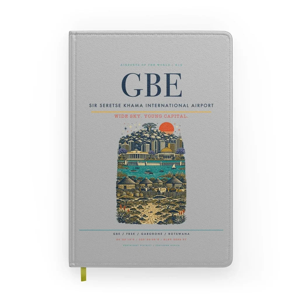 Sir Seretse Khama International Airport (GBE) design on light gray notebook