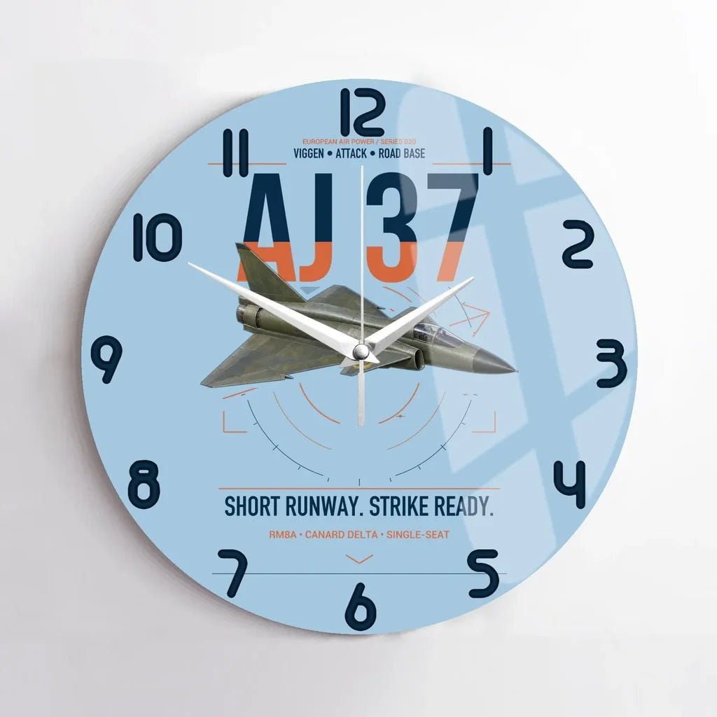 Saab AJ 37 Viggen design on light blue no frame wall clock