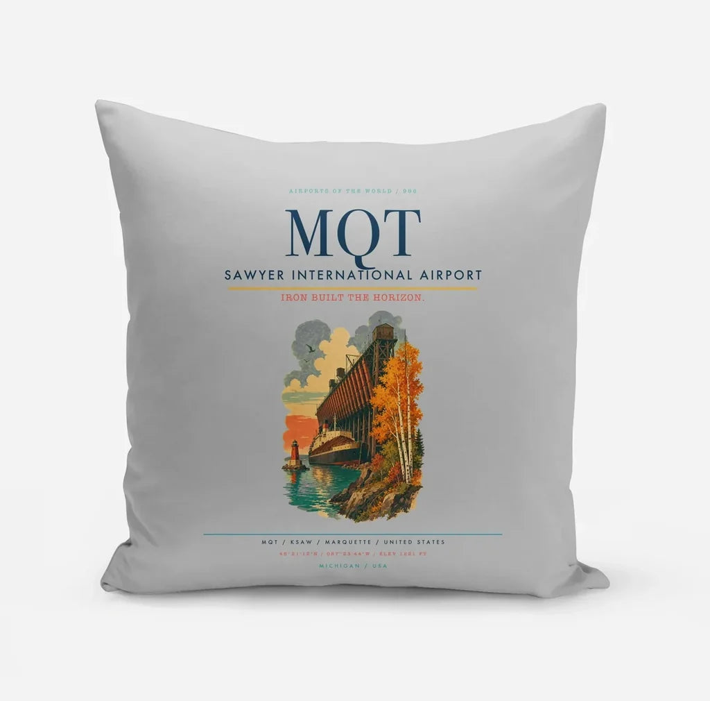 Sawyer International Airport (MQT) design on light gray pillow