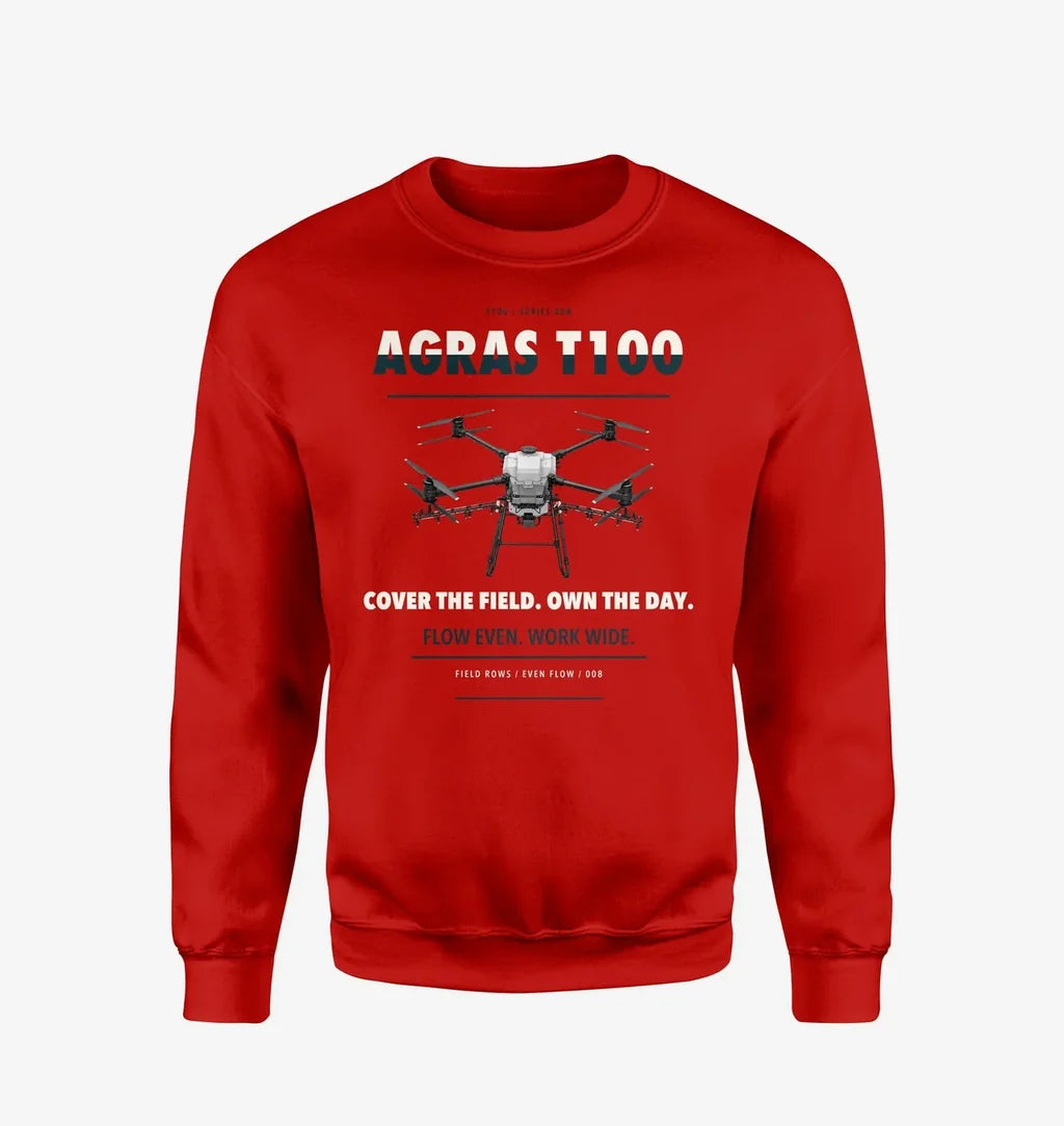 DJI Agras T100 design on red sweatshirt