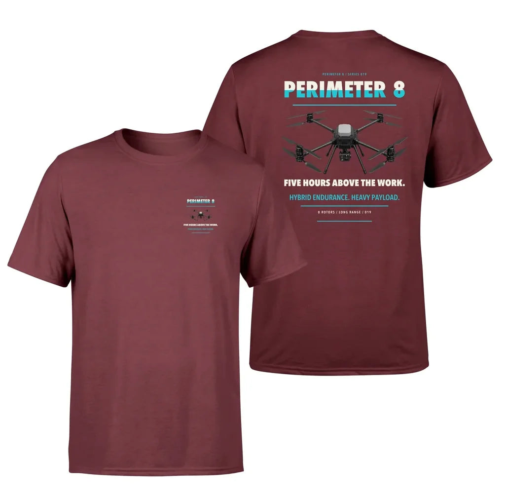 Skyfront Perimeter 8 design on dark red t shirt