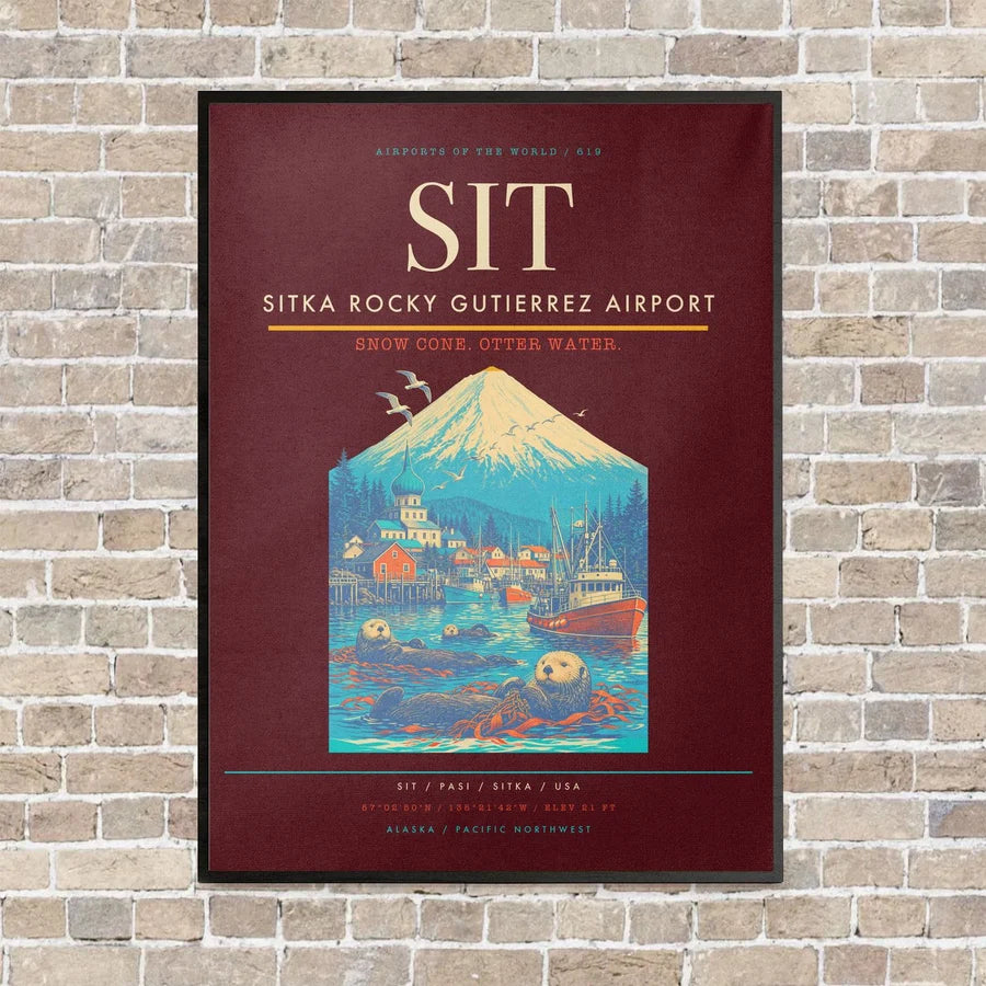Sitka Rocky Gutierrez Airport SIT vertical canvas print - framed - dark red background