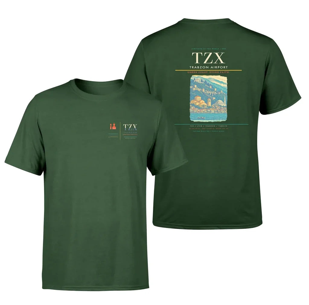 Trabzon Airport (TZX) design printed on dark green double-side t-shirt