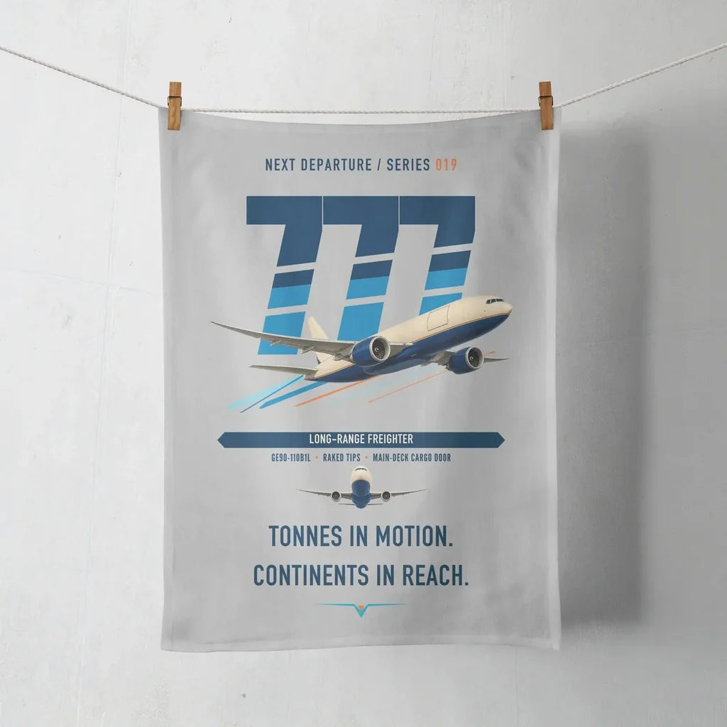 Boeing 777F design on light gray towel