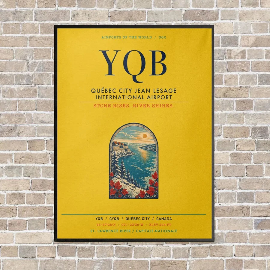 Québec City Jean Lesage International Airport YQB vertical canvas print - framed - yellow background