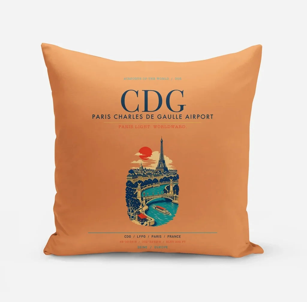 Paris Charles de Gaulle Airport (CDG) design on orange pillow