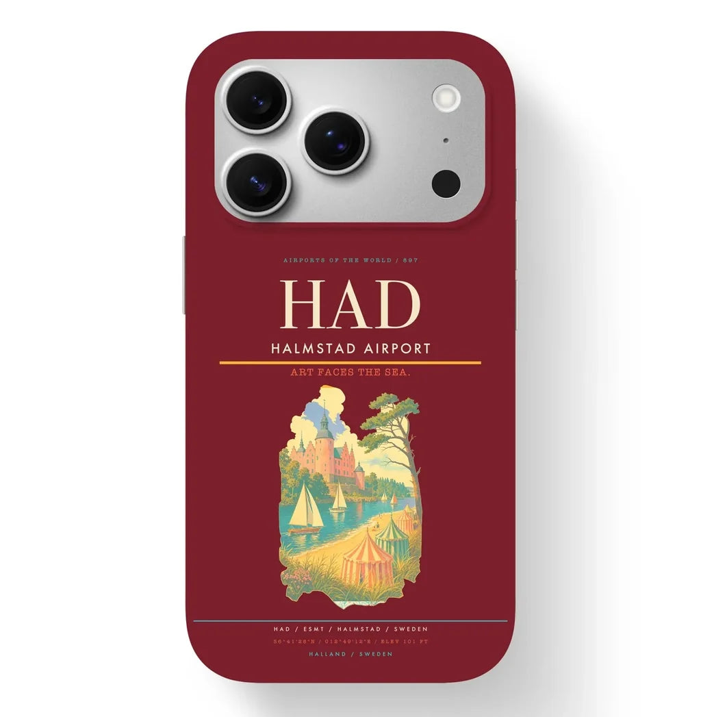Halmstad Airport (HAD) design on dark red iPhone 17 Pro MagSafe case