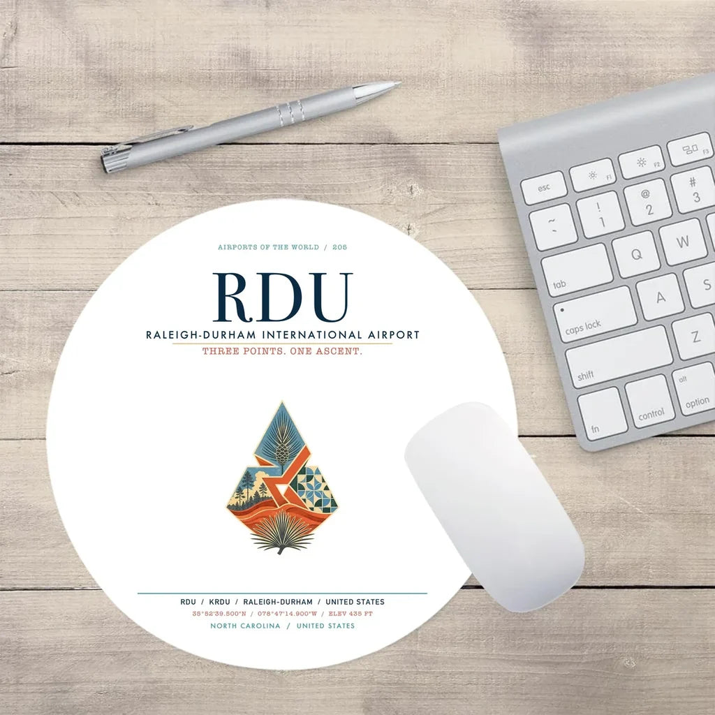 Raleigh-Durham International Airport (RDU) design on white round mouse pad