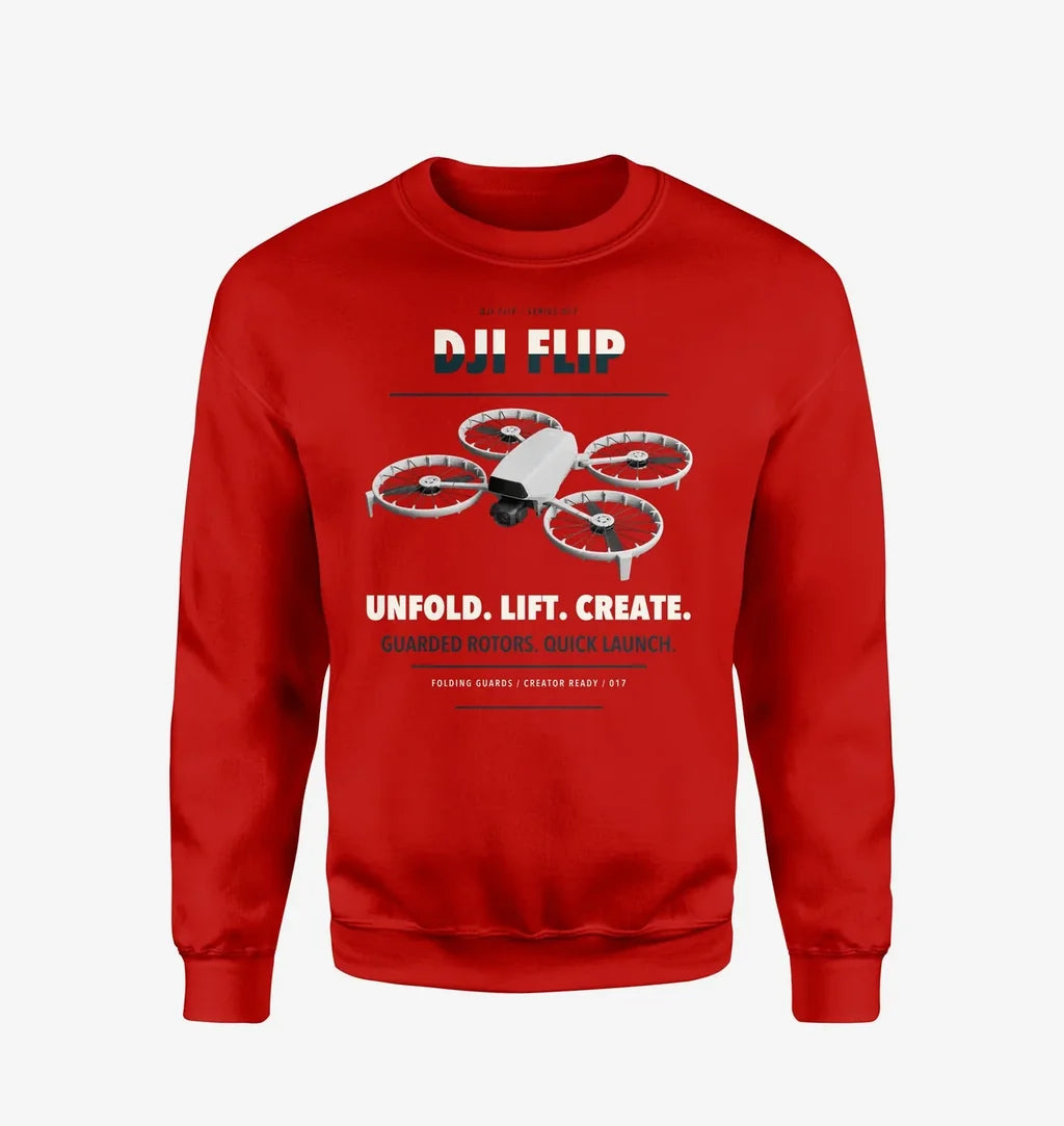 DJI Flip design on red sweatshirt