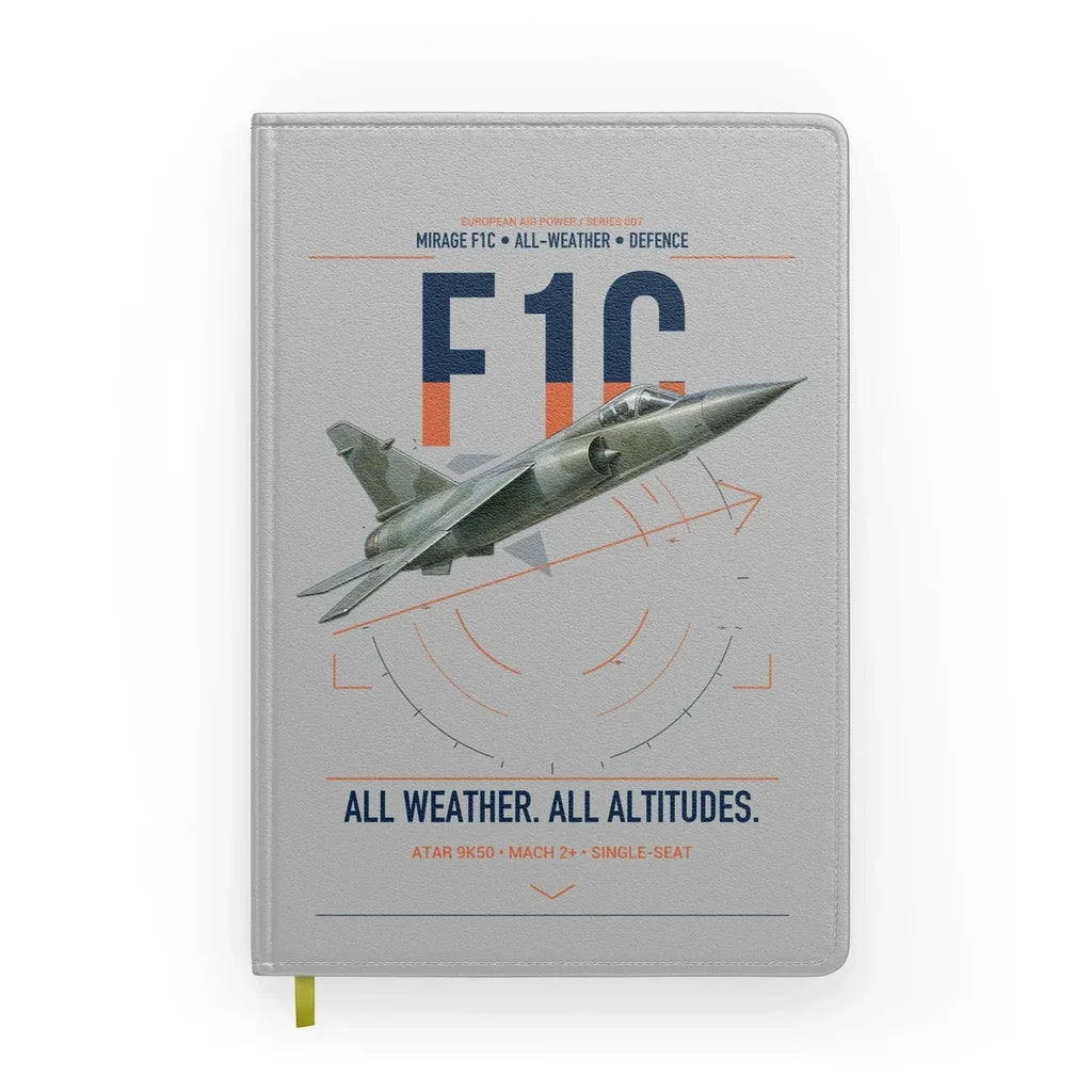 Dassault Mirage F1C design on light gray notebook