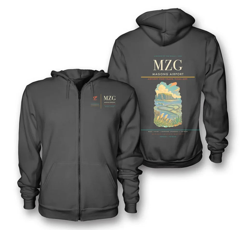 Magong (Penghu) Airport (MZG) design on dark gray premium zipped hoodie