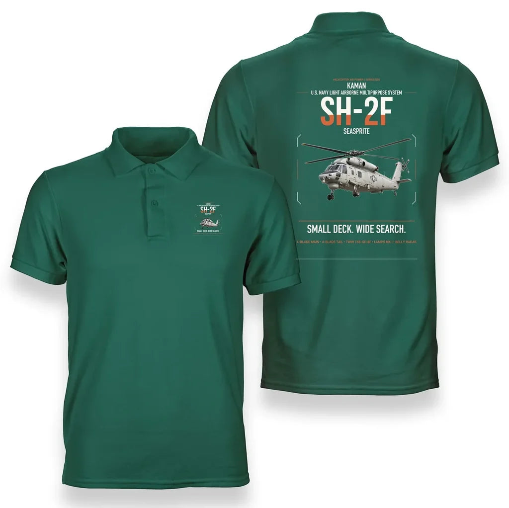 Kaman SH-2F Seasprite design on green double-side polo t-shirt, double-side print