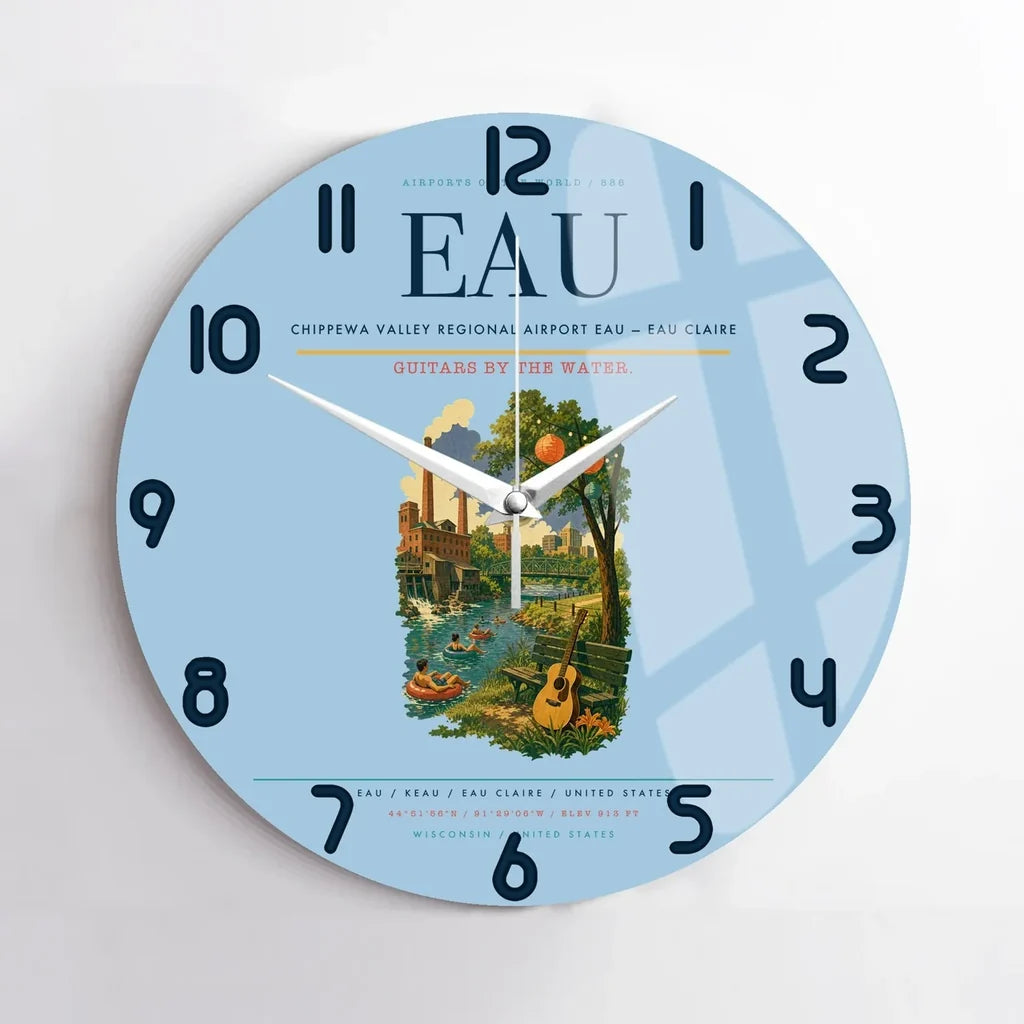 Chippewa Valley Regional Airport (EAU) design on light blue no frame wall clock