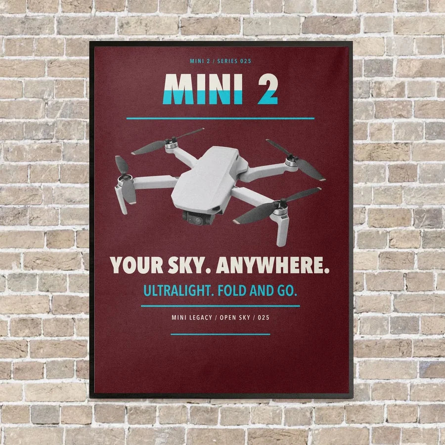 DJI Mini 2 vertical canvas print - framed - dark red background