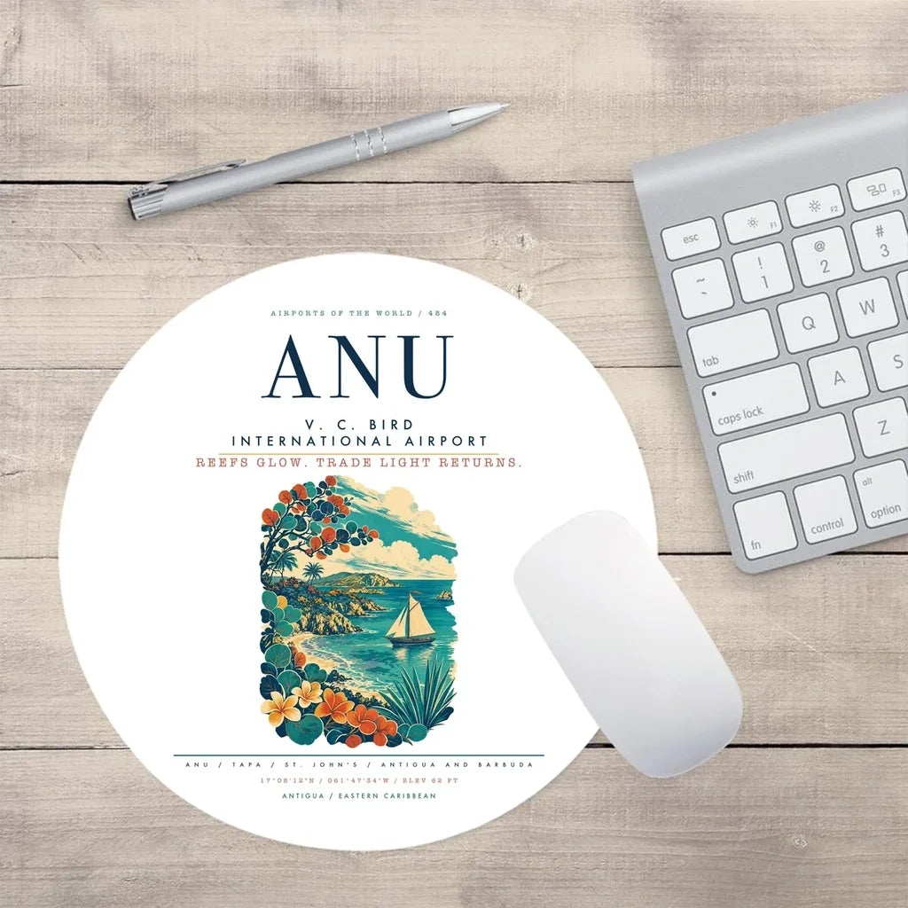 V. C. Bird International Airport (ANU) design on white round mouse pad