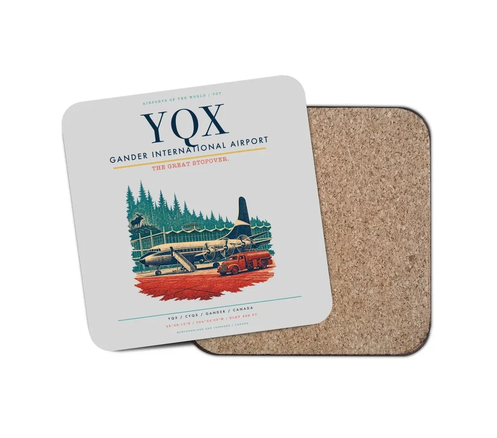 Gander International Airport (YQX) design on light gray 1 piece coaster