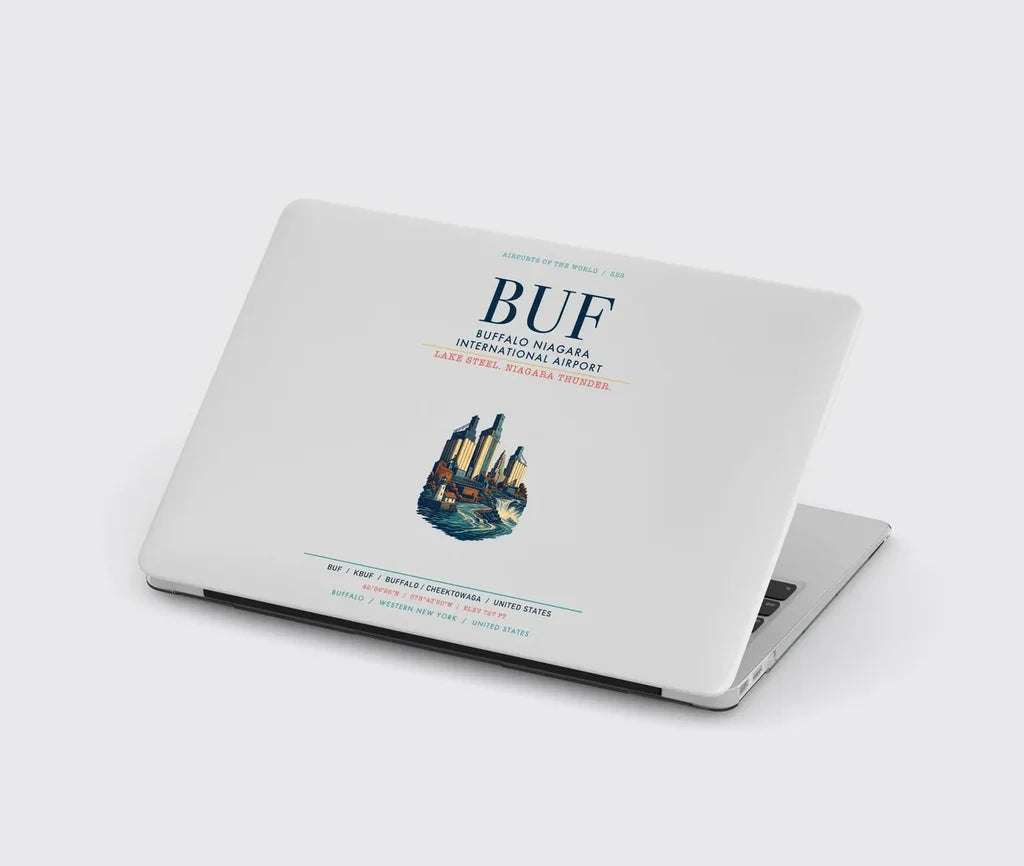 Buffalo Niagara International Airport (BUF) design on light gray MacBook case
