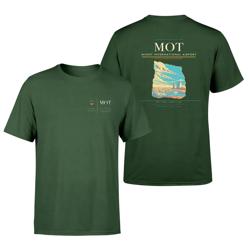 Minot International Airport (MOT) design printed on dark green double-side t-shirt
