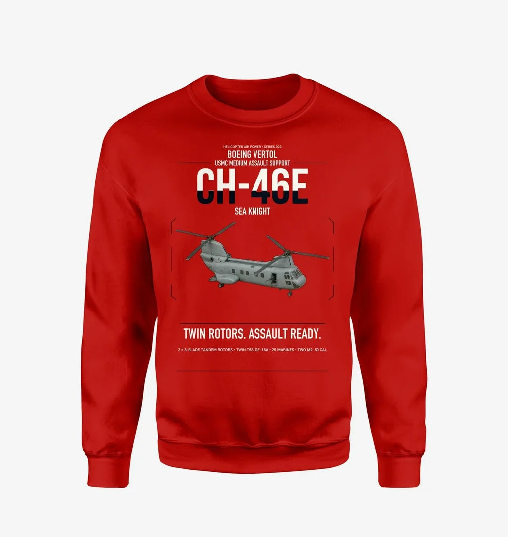 Boeing Vertol CH-46E Sea Knight design on red sweatshirt