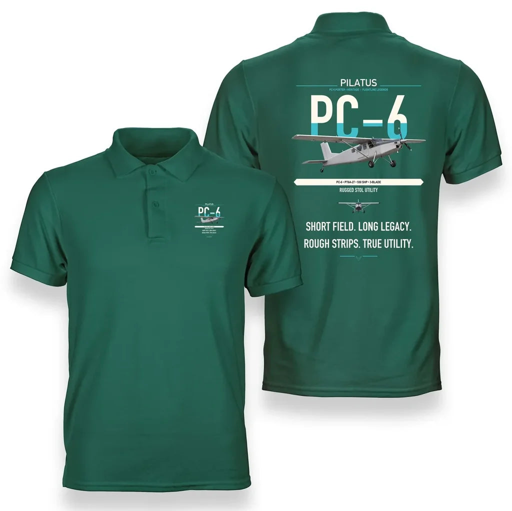 Pilatus PC-6 Porter design on green double-side polo t-shirt, double-side print