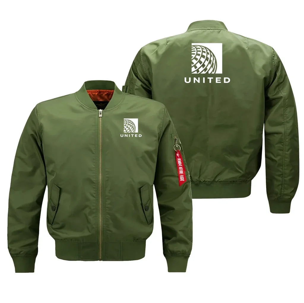United Airlines aviation design embroidered on green bomber jacket