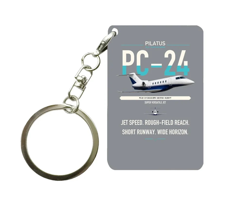Pilatus PC-24 design on gray designed key chain, double-side print