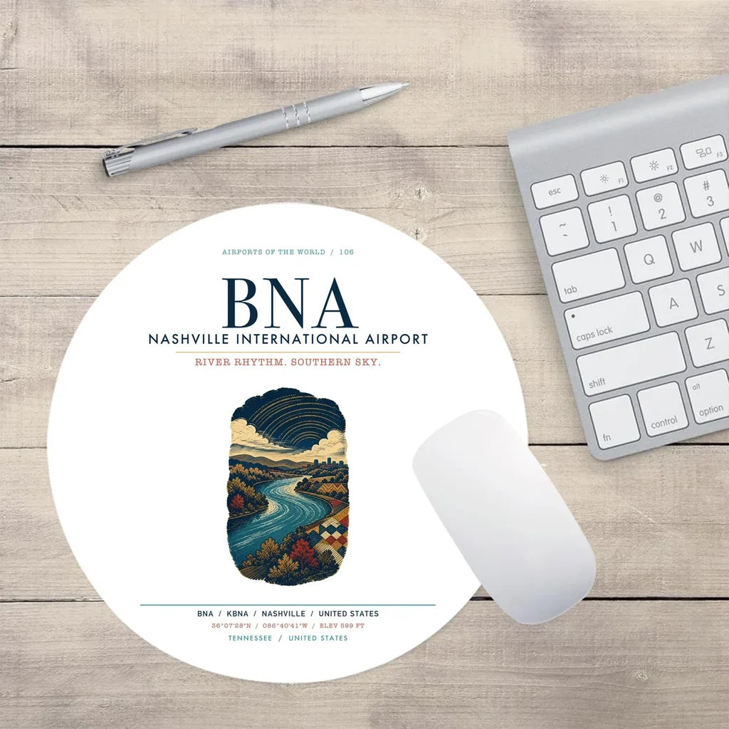 Nashville International Airport (BNA) design on white round mouse pad