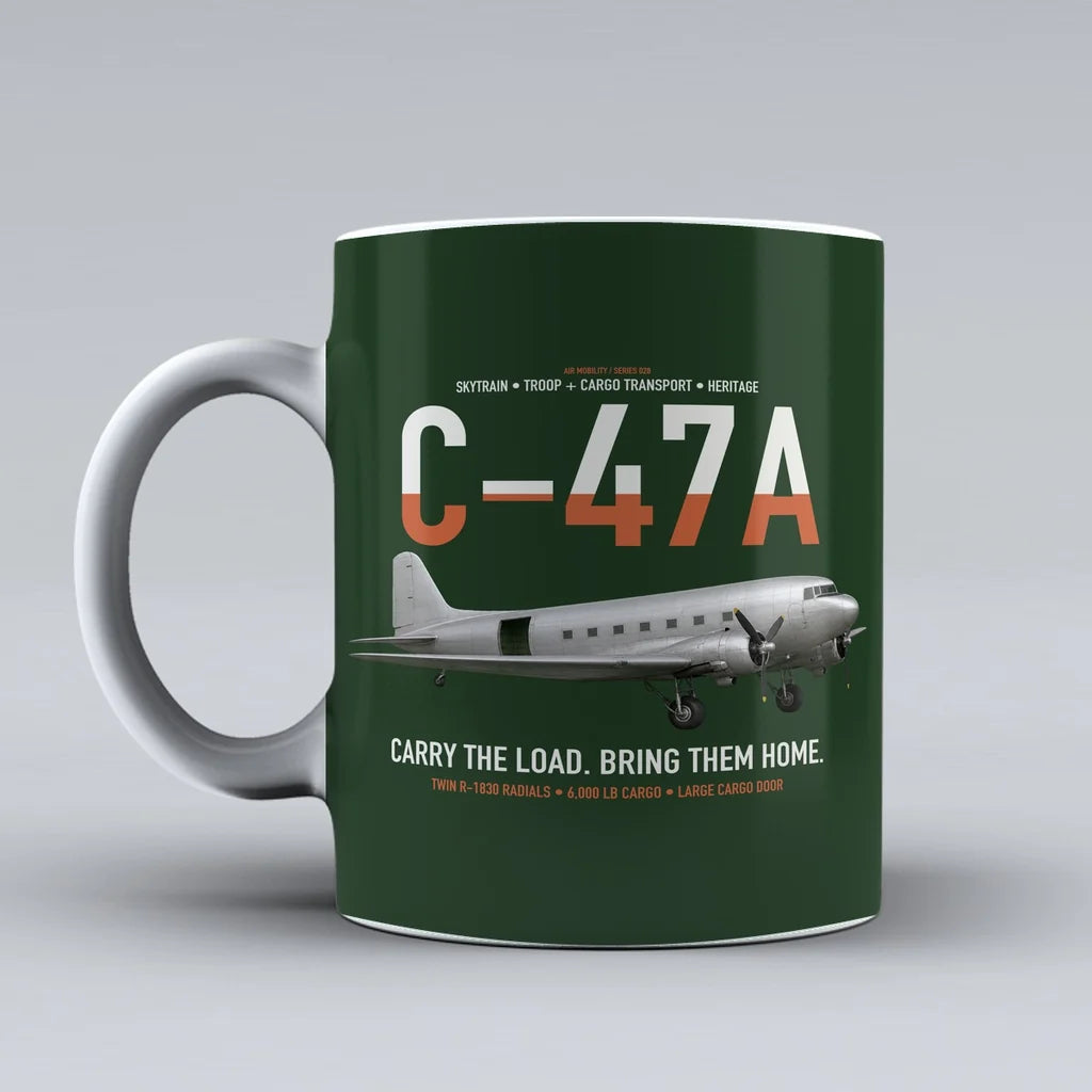 C-47A Skytrain design on dark green ceramic mug, double-side print