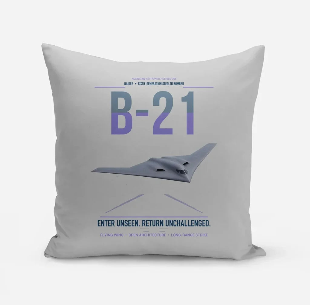 B-21 Raider design on light gray pillow