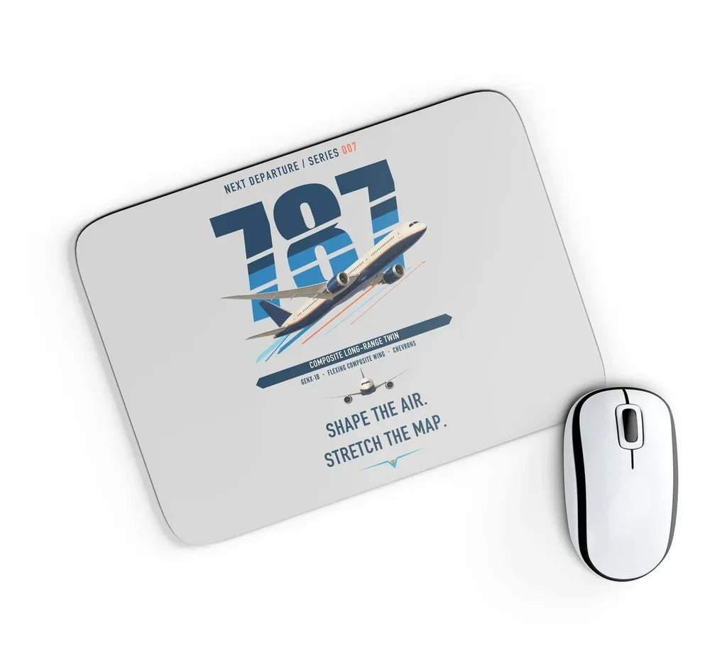 Boeing 787-9 Dreamliner design on light gray rectangle mouse pad