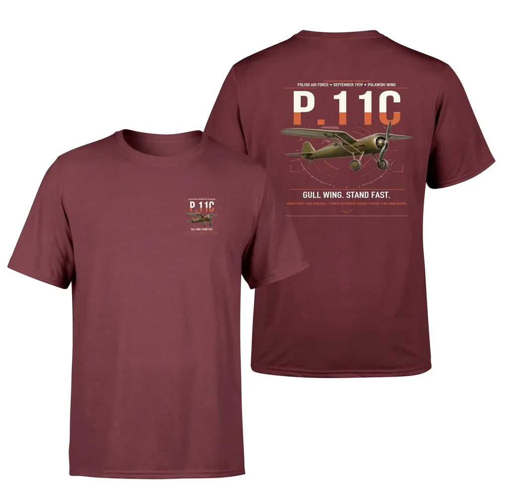 PZL P.11c design on dark red t-shirt, double-side print