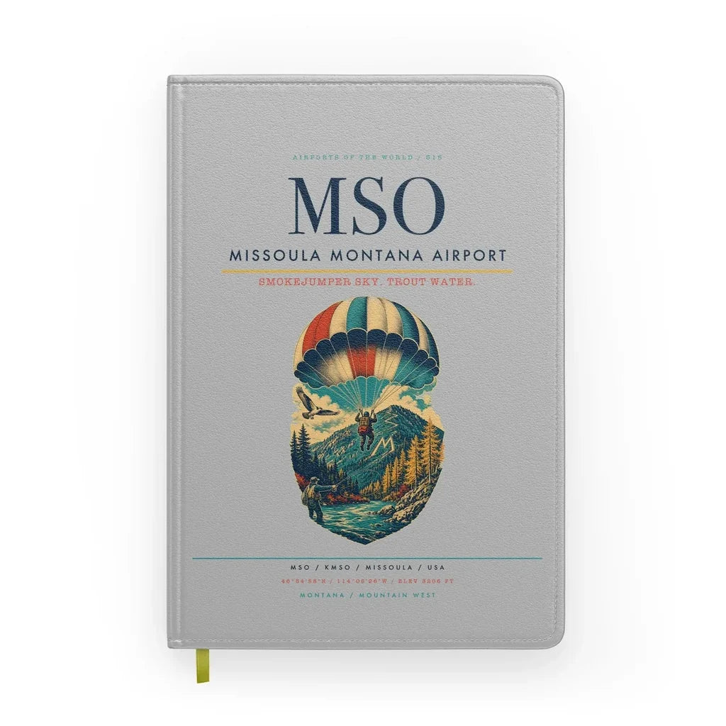 Missoula Montana Airport (MSO) design on light gray notebook