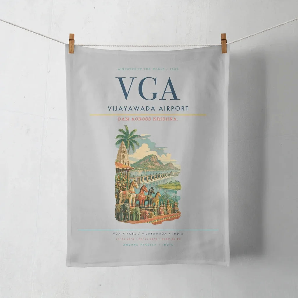 Vijayawada Airport (VGA) design on light gray towel