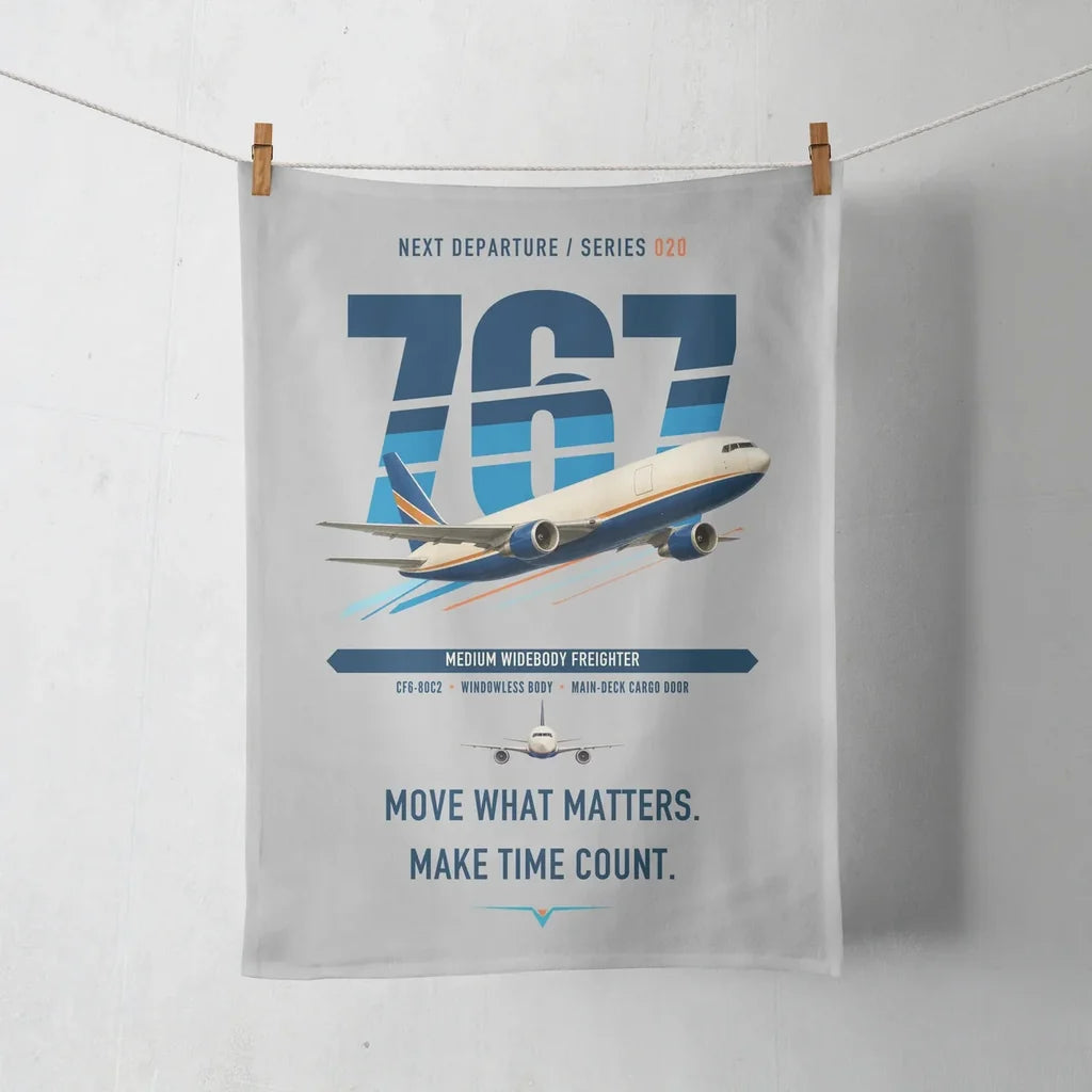 Boeing 767-300F design on light gray towel