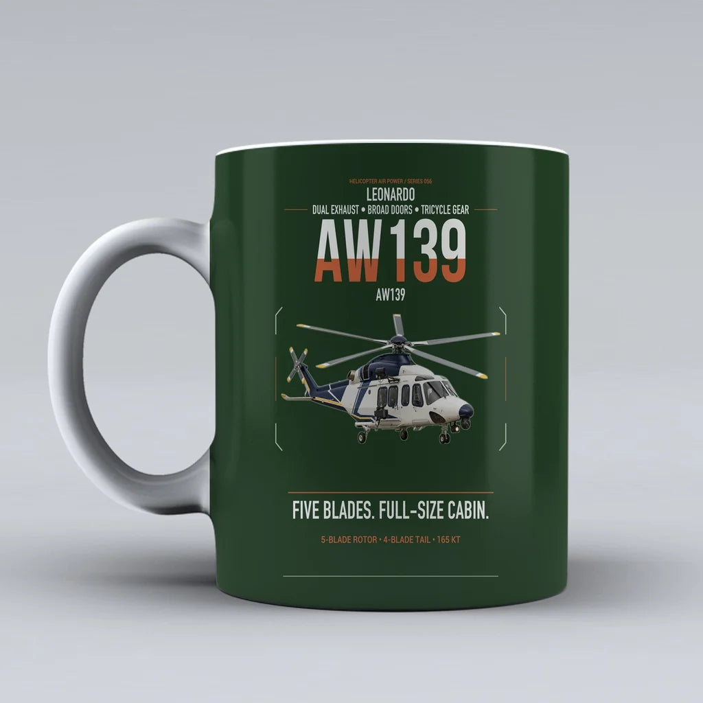 Leonardo AW139 design on dark green ceramic mug, double-side print